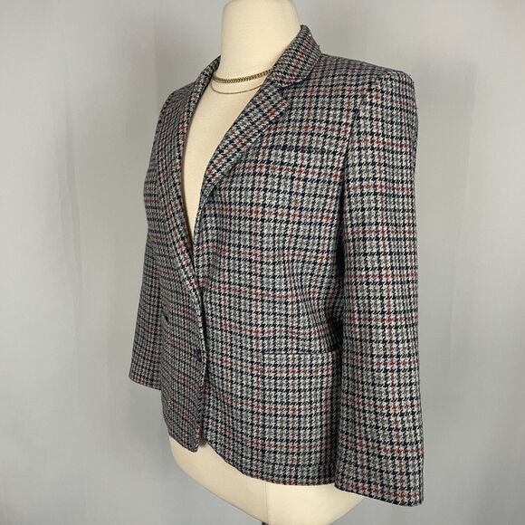 Vintage Blazer Jacket Womens Size 14 Gray Navy Plaid Wool Single Breasted 80s - Picture 6 of 15